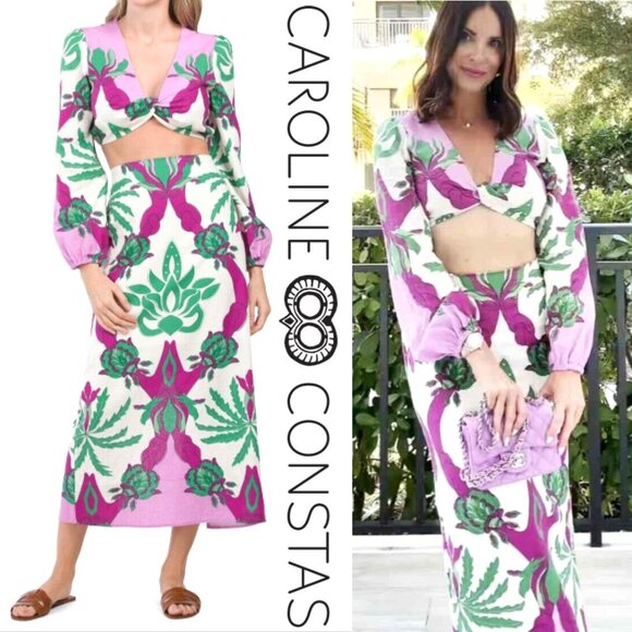 Caroline Constas Twist Front Crop Top & Midi Skirt SET L Linen Blend Floral NEW - Picture 14 of 14